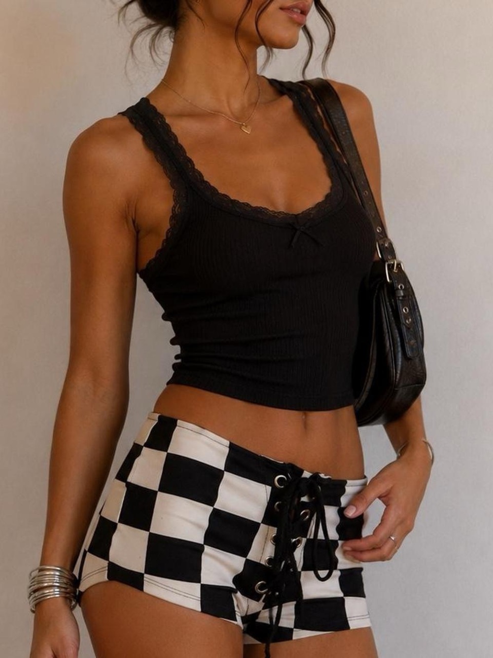 Checkerboard Lace-Up Women’s Shorts - Black & White